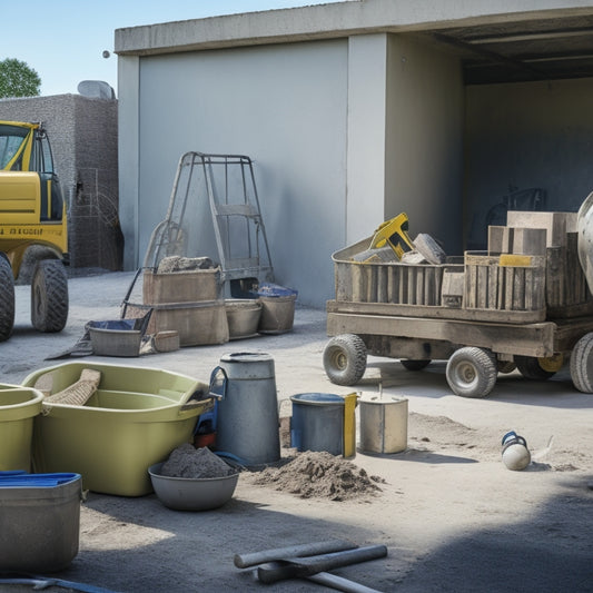 A cluttered construction site with concrete blocks, a cement mixer, trowels, levels, and a spirit level scattered around, with a contractor's toolbox and a wheelbarrow in the background.