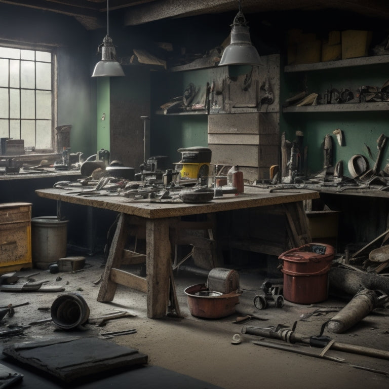 A cluttered workshop with tools scattered on the floor, some broken, amidst a backdrop of cracked and damaged concrete walls, contrasting with a tidy corner where tools are securely anchored to the wall.