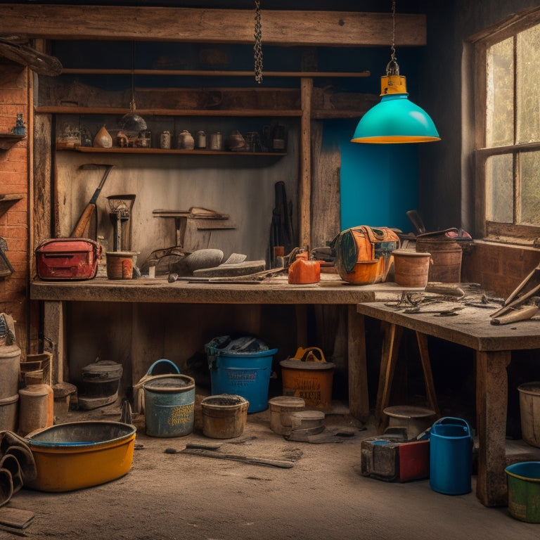 A cluttered workshop backdrop with a central, worn wooden workbench, surrounded by scattered concrete masonry tools: trowels, levels, jointers, and a mix of buckets, bags, and molds.