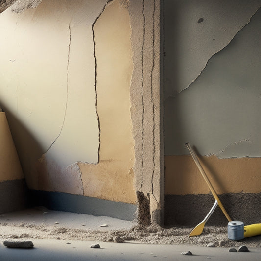 A split-level illustration featuring a cracked concrete foundation wall with water seepage on the left, and a sealed wall with a dry, clean space on the right, highlighting three tools in the center.