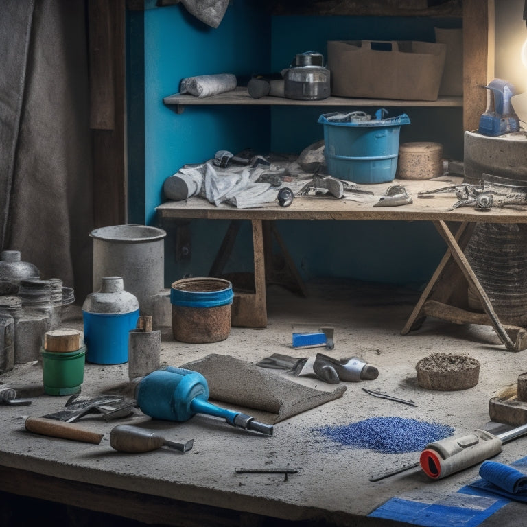 A cluttered workshop table with a variety of DIY concrete construction tools, including a drill, mixer, trowel, level, and safety goggles, surrounded by concrete mix bags and scattered blueprints.