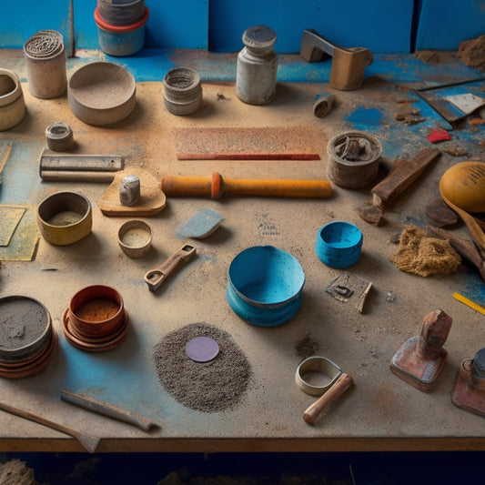 A messy workshop with scattered concrete stamping tools, including a worn tamping tool, a set of rusty stamp mats, and a few scattered color charts, surrounded by concrete slabs with various textures and patterns.