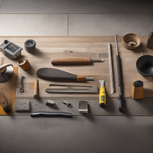 A tidy workshop scene featuring a variety of tools, including a notched trowel, spirit level, rubber mallet, and spacers, arranged neatly around a large, grey concrete flooring tile.