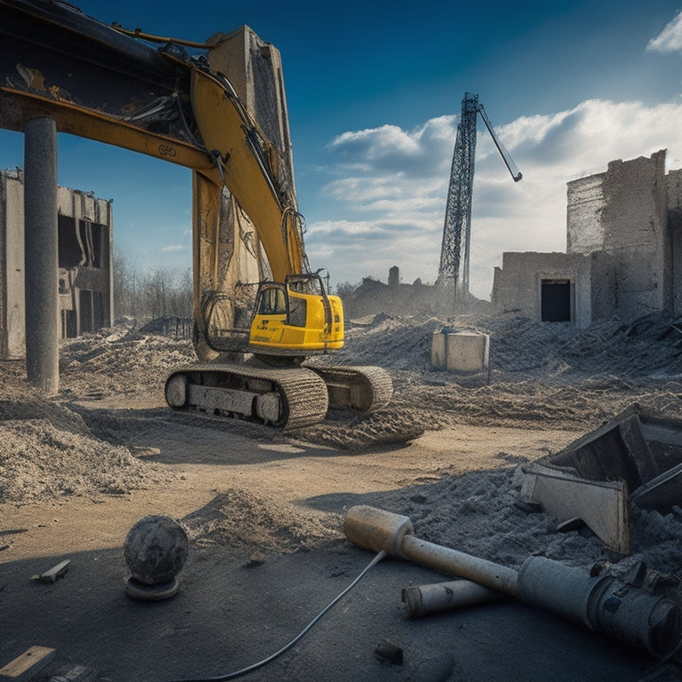 A dramatic, high-contrast image featuring a rugged, worn-down concrete demolition site, with a variety of tools scattered around, including jackhammers, drills, and wrecking balls, amidst a backdrop of broken concrete and steel rebar.