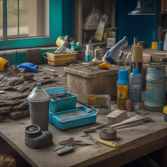 A cluttered workbench with various concrete repair tools, including a drill, mixing bucket, and injection equipment, surrounded by cracked concrete samples and bags of repair materials.