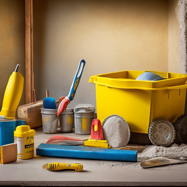 A toolbox with a concrete mixer, trowel, level, and grinder, surrounded by plastering tools and materials on a construction site background with a partially plastered wall.