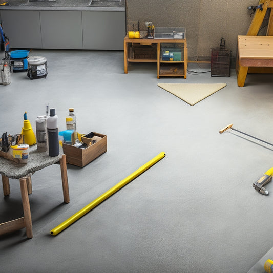 A high-angle shot of a well-organized workshop with various tools laid out, including a concrete sealer applicator, a microfiber mop, a floor buffer, and a spirit level, all surrounded by a freshly sealed concrete floor.