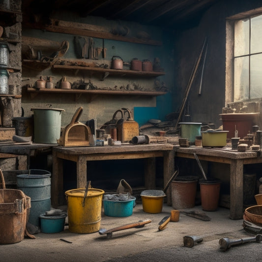 A cluttered workshop backdrop with a central, worn wooden workbench, surrounded by scattered concrete masonry tools: trowels, levels, jointers, and a mix of buckets, bags, and molds.