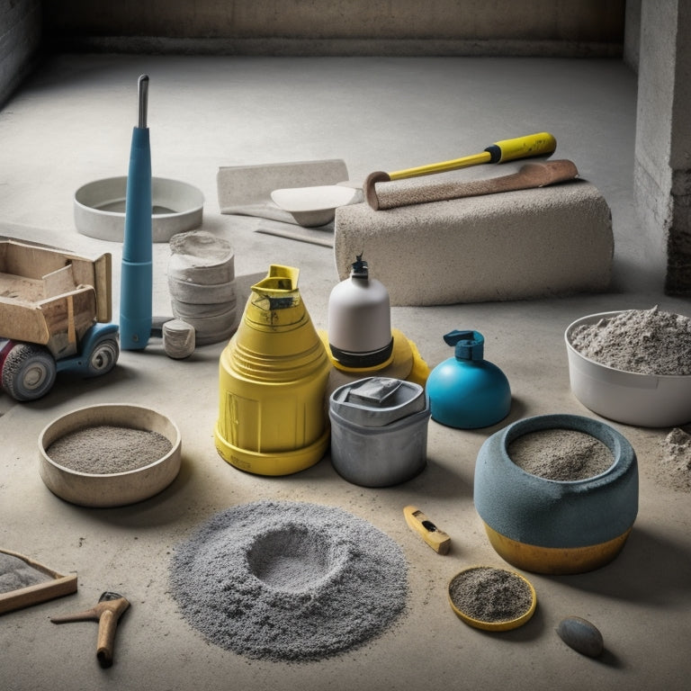 A clutter-free workshop background with a concrete mixer, a level, a trowel, a spirit level, safety goggles, and a bucket of mixed concrete, arranged in a circular pattern around a partially finished concrete project.