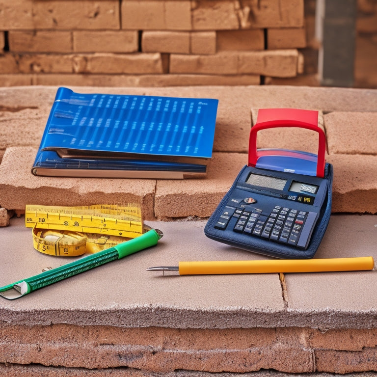 A photograph of a construction site with a partially built concrete wall, a tape measure coiled on the ground, and a calculator and notebook lying open on a nearby stack of bricks.