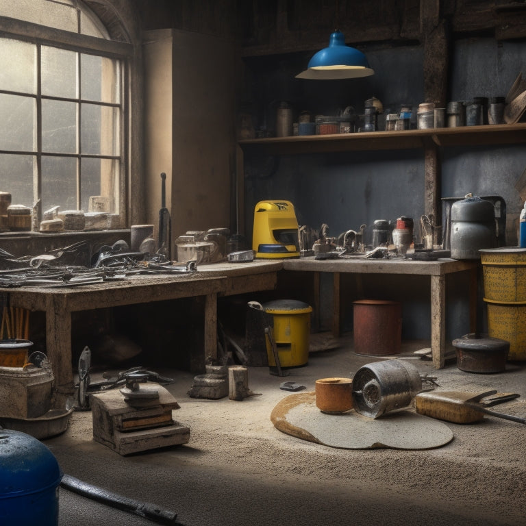 A cluttered workshop with a variety of tools scattered around, including a concrete grinder, floor scraper, and edger, amidst a backdrop of concrete floors with visible cracks and uneven surfaces.