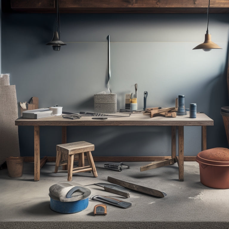 A clutter-free workspace with a variety of hand tools, including a trowel, edger, jointer, and level, arranged around a freshly poured concrete slab with a subtle gradient of drying stages.