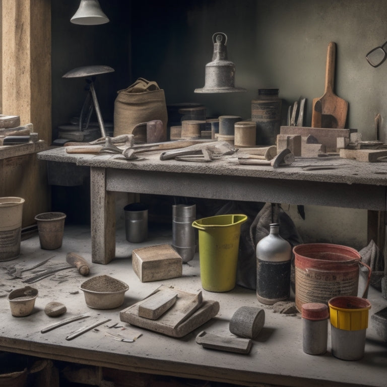 A cluttered workshop table with various tools scattered around, including a trowel, level, hammer, chisel, and mixing bucket, surrounded by concrete blocks and bags of mortar mix.