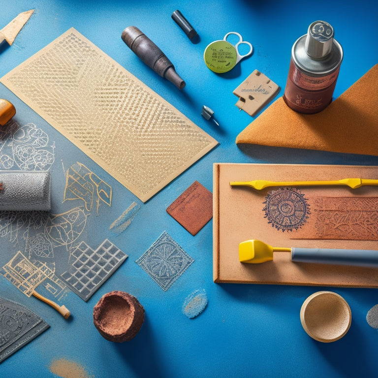 A stylized, overhead shot of a variety of interior concrete stamping tools, including patterned mats, texture skins, and stencils, arranged artfully on a polished concrete floor.