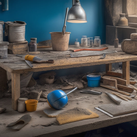 A cluttered workbench with a variety of budget-friendly concrete repair tools, including a putty knife, trowel, wire brush, and concrete patching compound, surrounded by scattered concrete chips and dust.