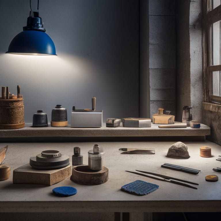 A well-lit, organized workshop table with seven different sealing tools arranged in a neat row, each with a concrete wall sample beside it, showcasing various textures and finishes.