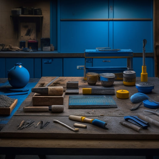 A photo of a well-organized workshop with five distinct concrete sealing tools laid out on a workbench, each with a subtle glow, against a contrasting dark blue background.