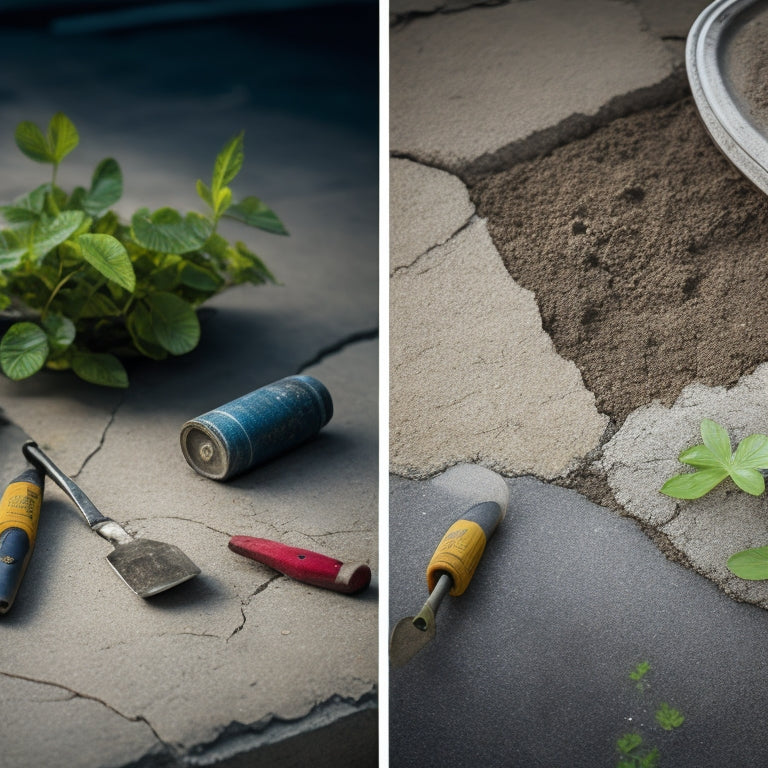 A cracked concrete sidewalk with weeds growing through the fissures, next to a toolbox filled with a trowel, caulk gun, and patching compound, with a Before-and-After contrast in the background.