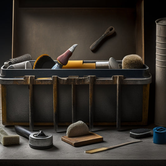 An organized toolbox containing various surface prep tools, including wire brushes, scrubbers, and scrapers, alongside a concrete masonry wall with visible dirt and grout lines, awaiting cleaning.