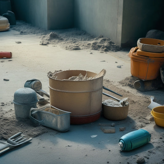 A messy construction site with cracked concrete, surrounded by scattered tools, including a mixer, trowel, and drill, with a faint outline of a perfect, smooth concrete surface in the background.