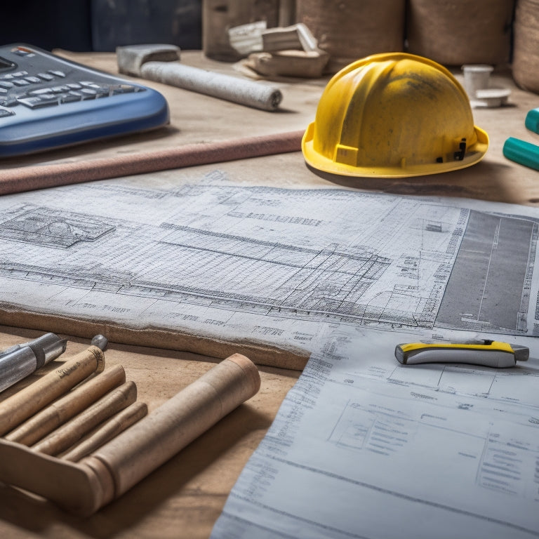 A photograph of a well-organized construction site with various concrete measurement tools, including a level, tape measure, and calculator, arranged on a tidy workbench amidst a few scattered blueprints.