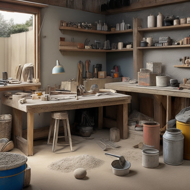 A cluttered but organized home workshop with a workbench, various concrete tools (trowel, edger, float, level) and materials (concrete mix, sand, gravel) scattered around, with a half-finished DIY concrete project in the background.