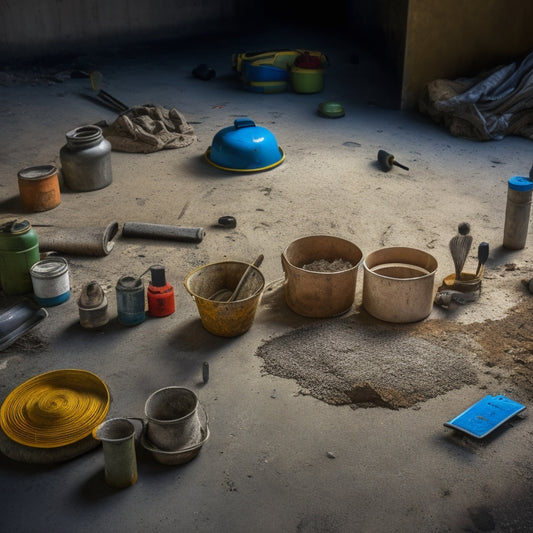 A messy concrete floor with cracks and potholes, surrounded by various tools and materials for repair, including a bucket of cement, trowel, drill, and patching compound, arranged in a circular pattern.