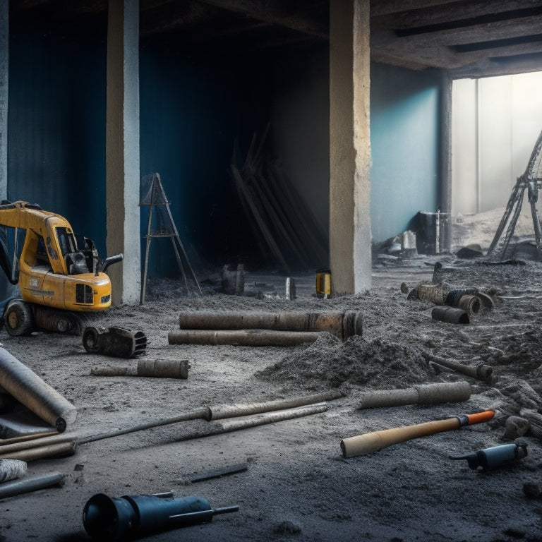 A messy construction site with a partially built wall, various concrete drilling tools scattered around, including a rotary hammer, core drill, and hammer drill, with dust and debris surrounding them.