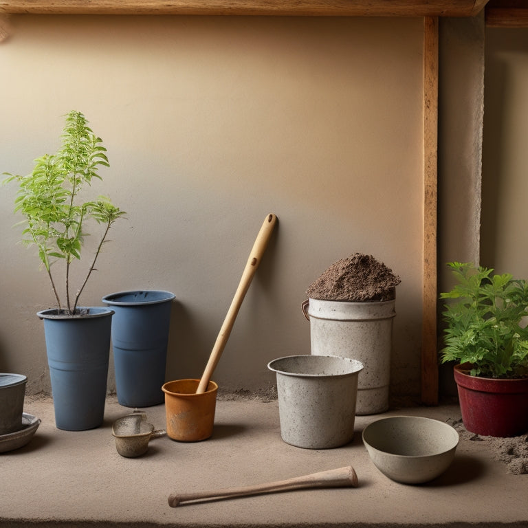 A messy workshop background with a partially completed concrete planter, a trowel, a bucket of mixed concrete, and a level, with a faint outline of a DIY concrete project blueprint on the wall.