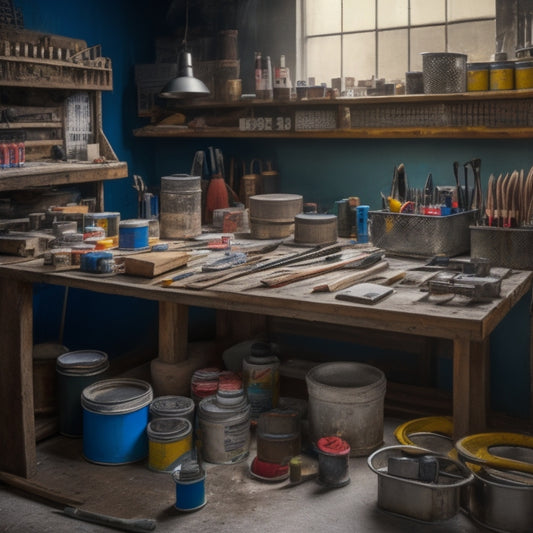 A cluttered workbench with a variety of painting tools, including brushes, rollers, extension poles, and trays, surrounded by paint cans, stirrers, and concrete samples with different finishes.