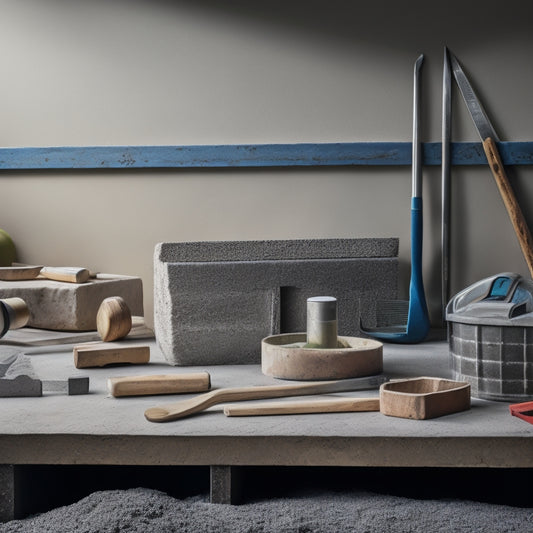 A horizontal composition featuring a variety of concrete block-laying tools, including a trowel, level, jointer, and spirit level, arranged on a wooden workbench amidst scattered concrete blocks and mortar.