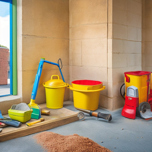 A busy construction site with five prominent tools: a yellow mixer in the foreground, a red level on a block wall, a blue trowel on a freshly laid block, a green bucket of mortar mix, and a stainless steel jointer in the background.