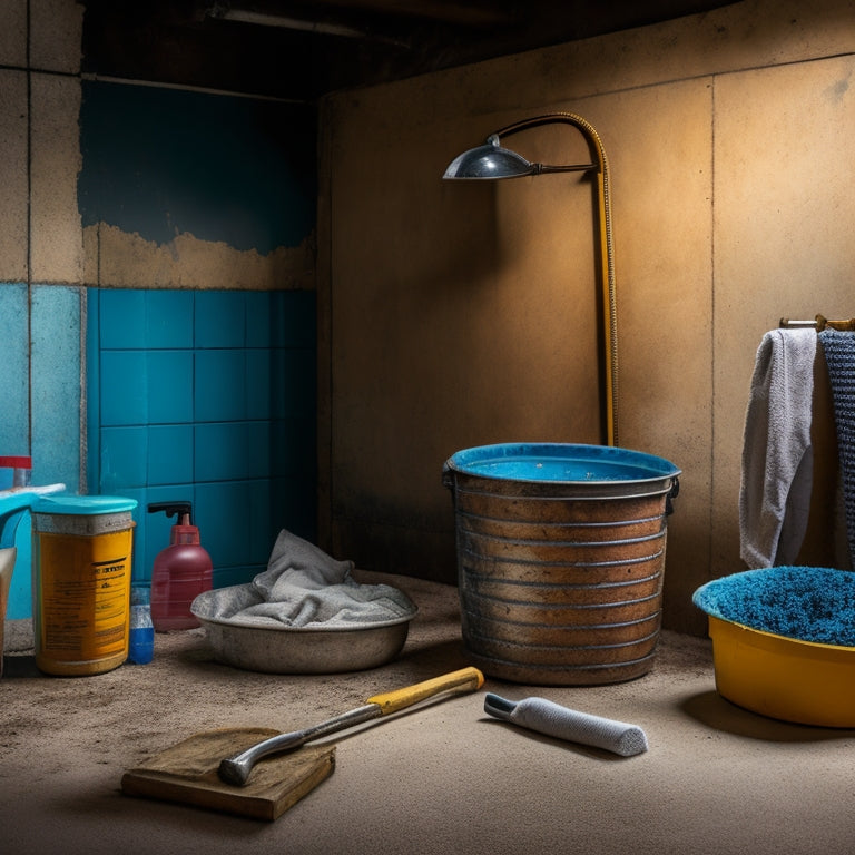 A messy indoor concrete wall with dirt, grime, and stains, surrounded by cleaning supplies like a scrub brush, bucket, gloves, and a hose, with a faint outline of a sparkling clean wall in the background.