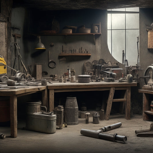 A cluttered workshop background with a partially built concrete structure, surrounded by various tools like trowels, mixers, and saws, with a tape measure and level prominently displayed.