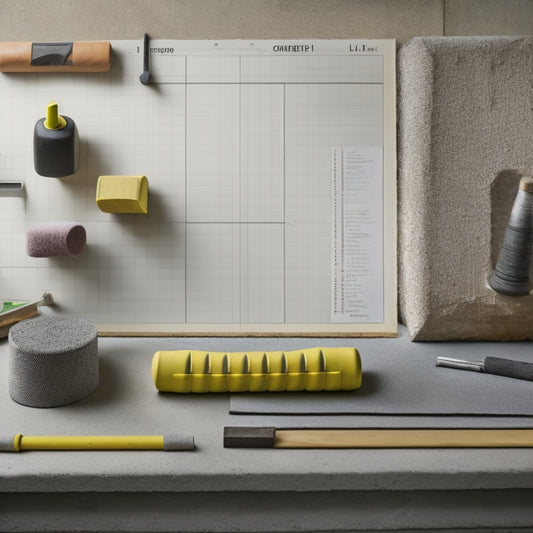 A tidy workspace with a mix of concrete blocks, a spirit level, a trowel, a string line, and a rubber mallet, arranged on a wooden board or a concrete floor with a subtle grid pattern.