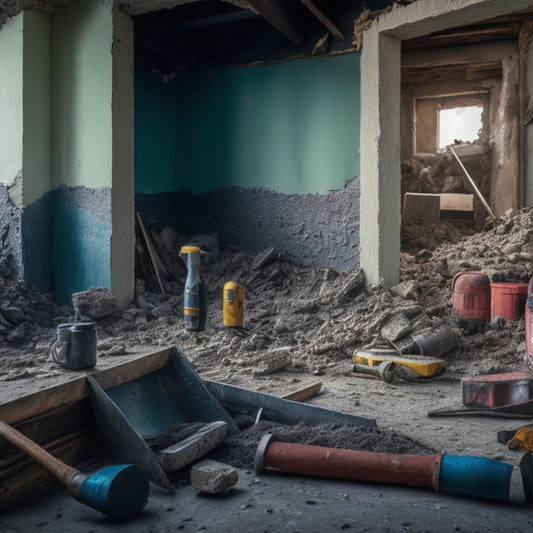 A dramatic, high-contrast image featuring a partially demolished concrete home with a crumbling wall, scattered debris, and a variety of tools scattered around, including a jackhammer, sledgehammer, and drill.