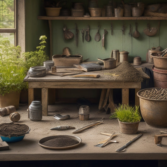 A cluttered, rustic workbench with a concrete planter in the center, surrounded by scattered small tools like trowels, pruners, and cultivators, with a few packets of seeds and soil in the background.