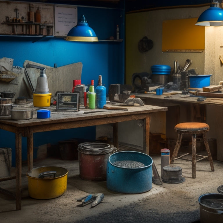 A cluttered workshop table with various tools and equipment, including a wire brush, scraper, grinder, sandpaper, and a bucket of concrete cleaner, surrounded by partially painted concrete slabs.