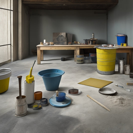 A well-organized workshop scene with a concrete floor in the background, featuring a bucket of stain, a lambswool applicator, a microfiber mop, a paint tray, and a few scattered concrete floor samples with different stain finishes.