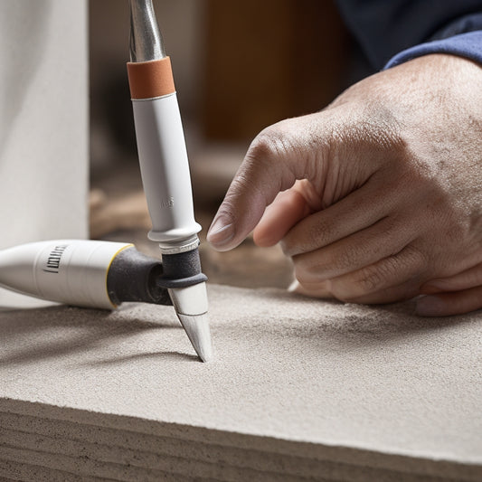 A close-up of a mason's hand holding a caulk gun, with a small concrete crack in the background, surrounded by various gap-filling tools, including a putty knife, trowel, and tube of epoxy.