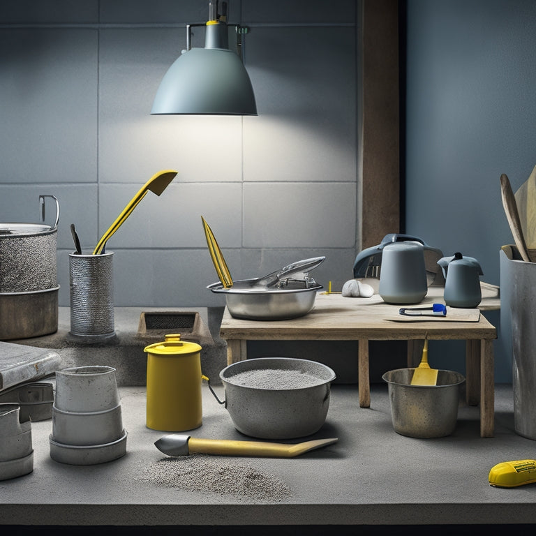 A well-lit, organized workstation with various concrete mixing tools laid out, including a sturdy mixing bucket, a spiral mixing bit, a tamping tool, a finishing trowel, and a level, on a clean, gray concrete background.