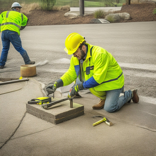 A photograph of a person in a yellow hard hat and safety vest, crouched beside a stamped concrete surface, surrounded by various profiling tools, including a profiler, edger, and joint cutter.