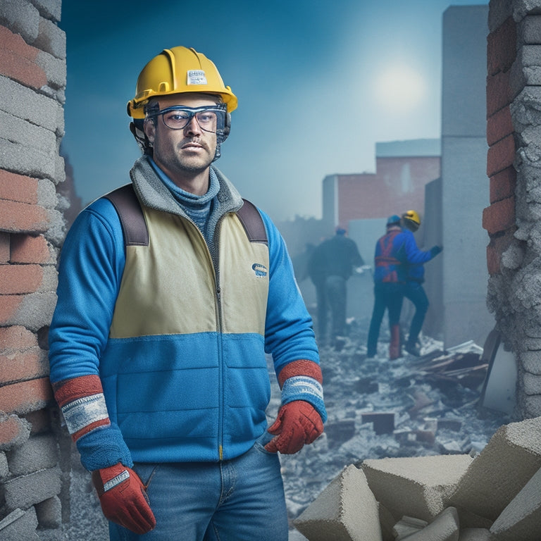 An illustration of a person wearing safety goggles and gloves, holding a pry bar and standing in front of a partially demolished concrete block wall with scattered blocks and debris.