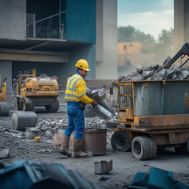 A cluttered construction site with a worker in the background, surrounded by concrete debris, holding a hydraulic breaker, with a rented dumpster and various concrete removal tools scattered in the foreground.