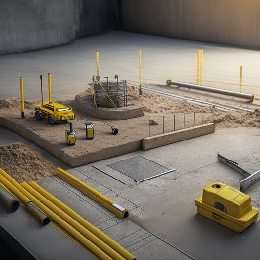 An illustration of a concrete installation site with a variety of measuring tools scattered throughout, including a spirit level, tape measure, and laser level, amidst freshly poured concrete and steel reinforcement bars.