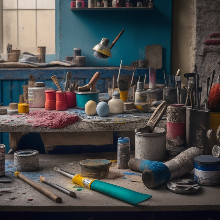 A cluttered workshop table with various concrete painting tools, including a paint-splattered roller extension pole, a tray of vibrant paints, and a collection of brushes in different sizes and shapes, surrounded by concrete samples.