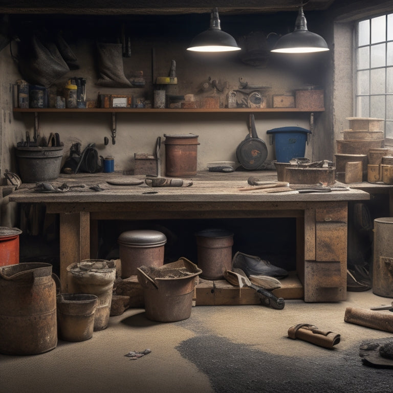 A cluttered, well-lit workshop background with a central, worn wooden workbench, surrounded by neatly organized concrete tools, including a trowel, edger, float, and level, with a few scattered concrete mix bags.