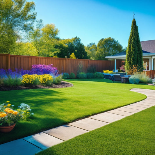 A serene backyard scene with a newly installed concrete block patio, edged with sleek metal strips, surrounded by lush green grass and vibrant flowers, under a sunny blue sky.