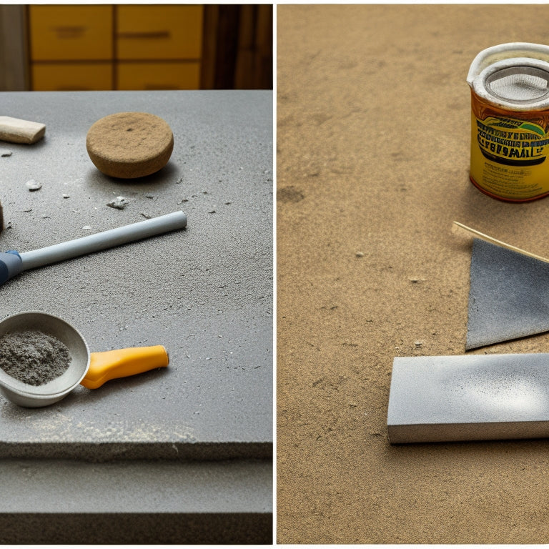 A split-screen image: on the left, a concrete surface with old, cracked sealant; on the right, a variety of tools, including a scraper, grinder, and chemical applicator, arranged on a workbench or concrete surface.