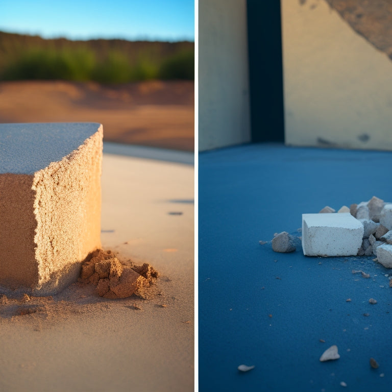 A split-screen image featuring a cracked concrete block on the left, with crumbling edges and scattered debris, and a repaired block on the right, with smooth, filled cracks and a clean surface.